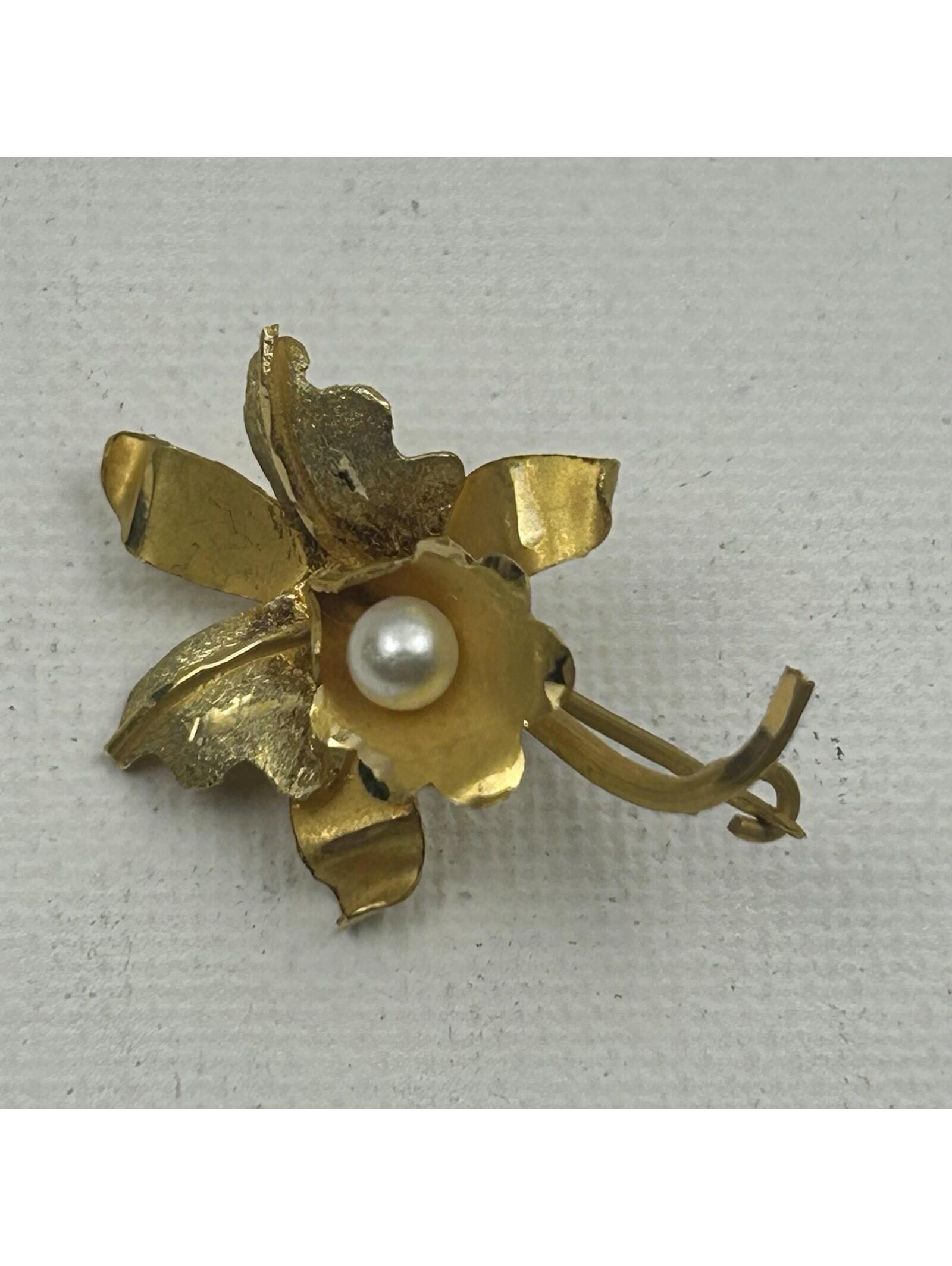 Vintage 18k Yellow Gold Orchid Brooch Pin With Pearl - 2 Grams